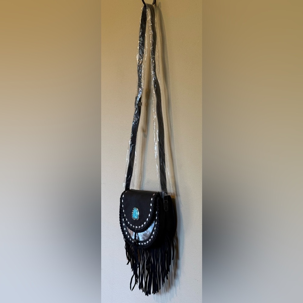 Western Black Fringe Crossbody Bag Turquoise Boho Shoulder Purse NWT - Picture 3 of 12